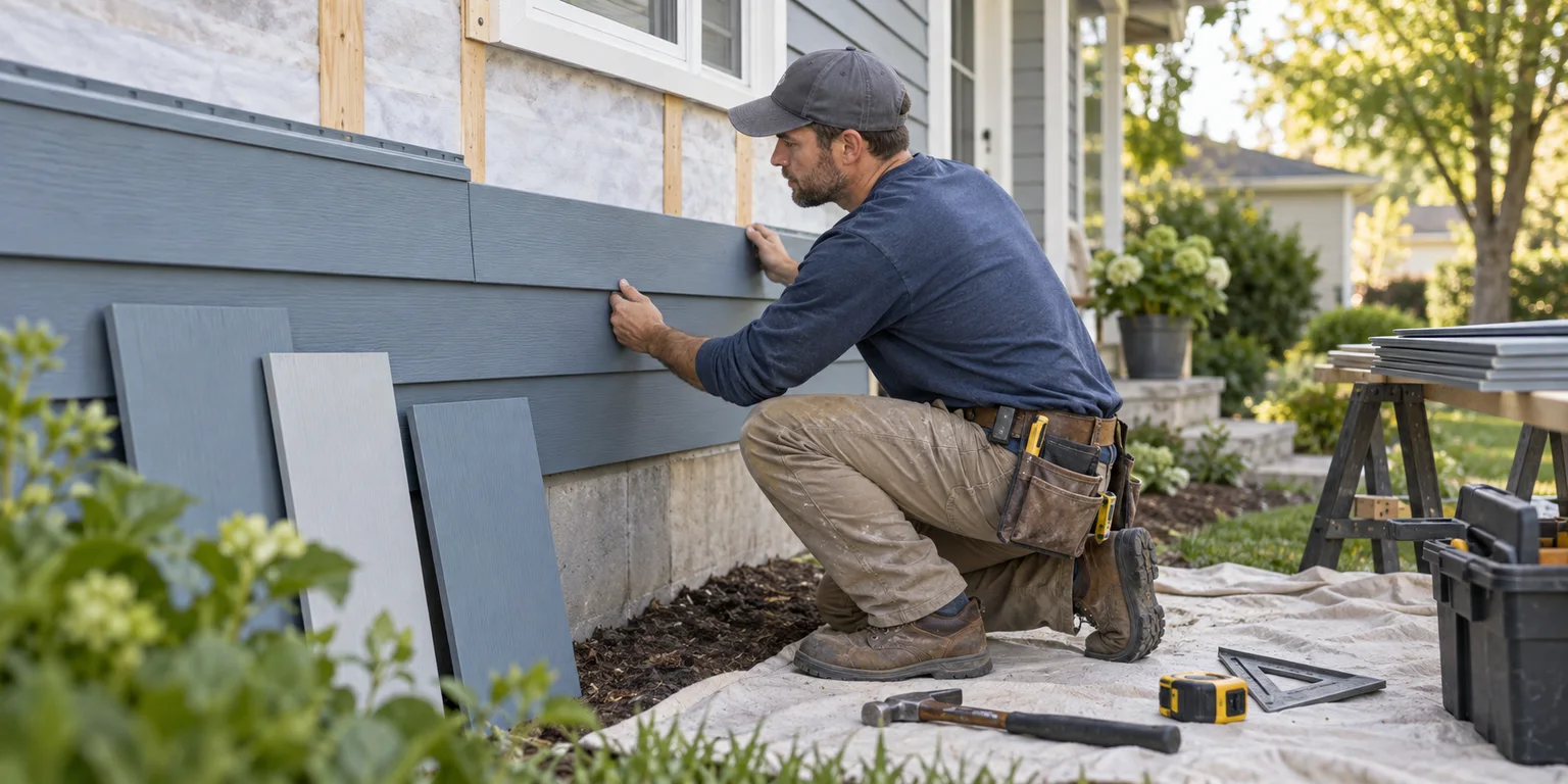 Illustration of a contractor aligning replacement siding beside material samples and hand tools.