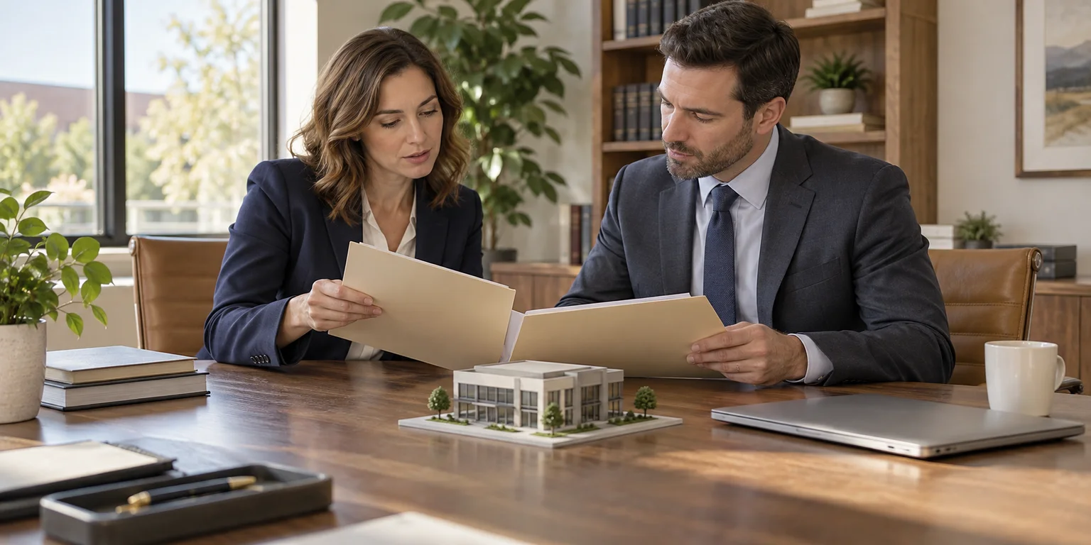 Illustration of two attorneys reviewing folders beside a commercial building model and closed laptop.