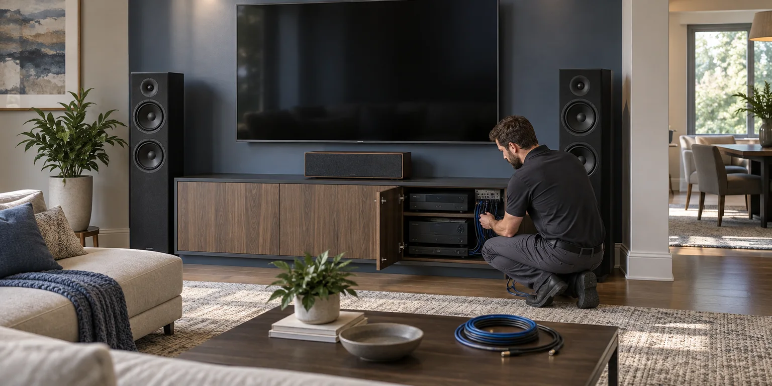 Illustration of a home-theater installer organizing an equipment cabinet beside speakers and a blank television screen.