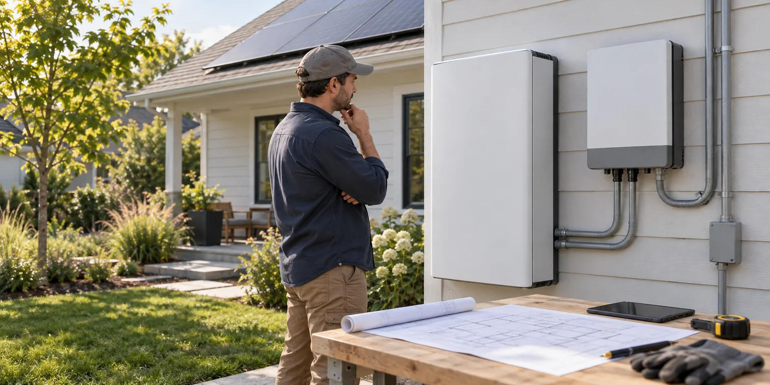 Illustration of an installer reviewing home battery and inverter cabinets with rooftop solar panels visible.