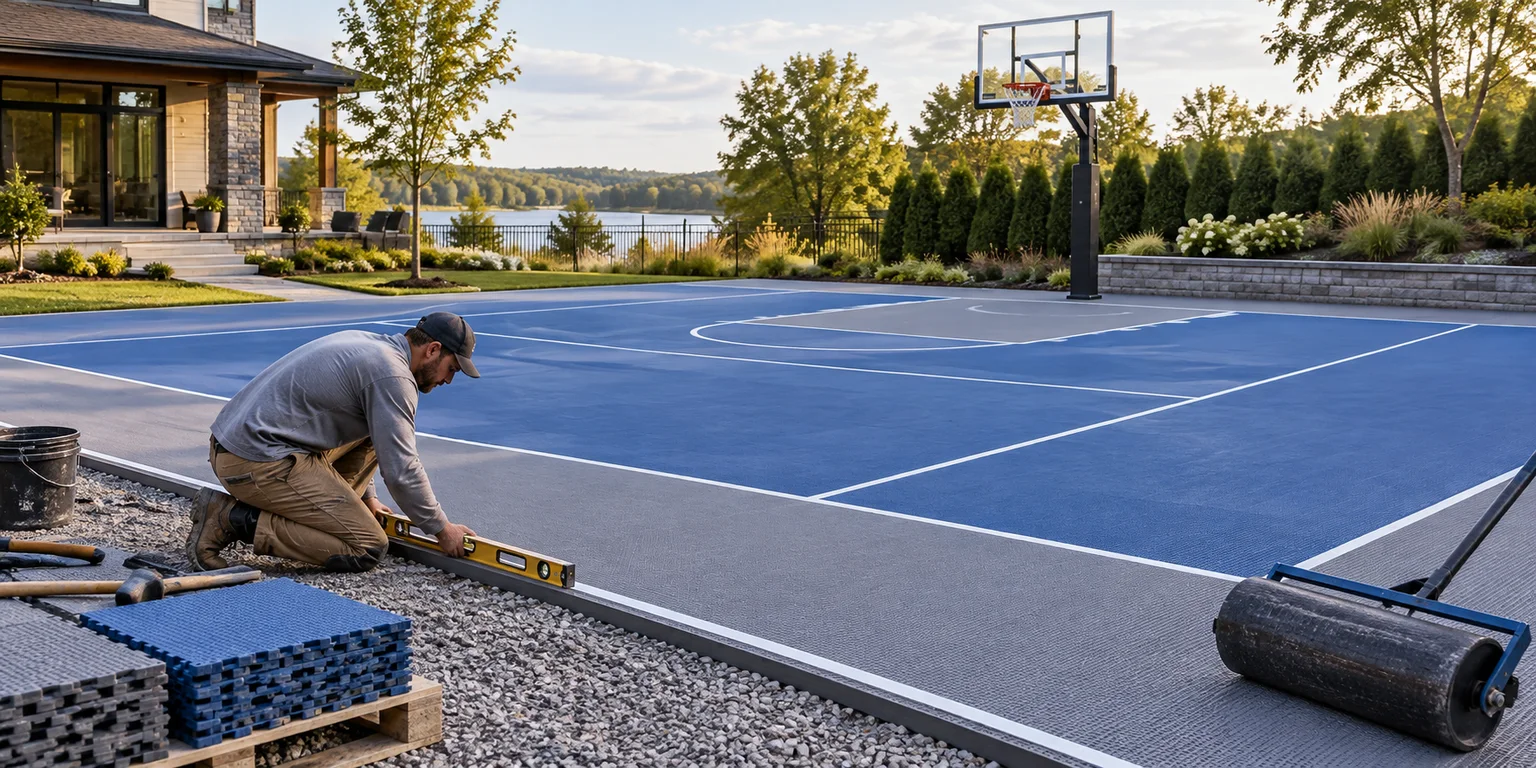 Illustration of a blue residential sports court with a basketball hoop, a worker checking the edge and installation materials.