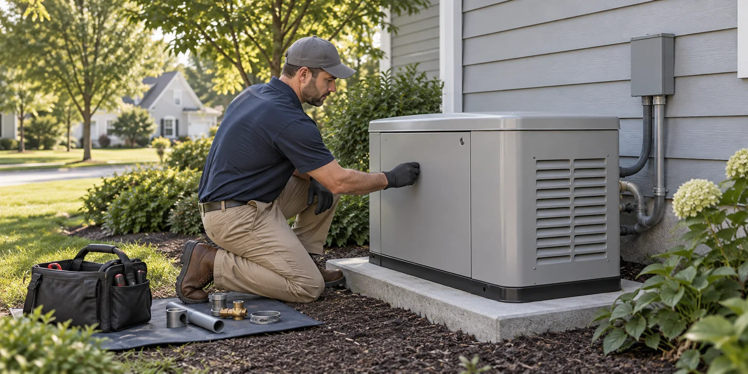 Illustration of an installer checking a standby generator’s enclosure beside a modest home.