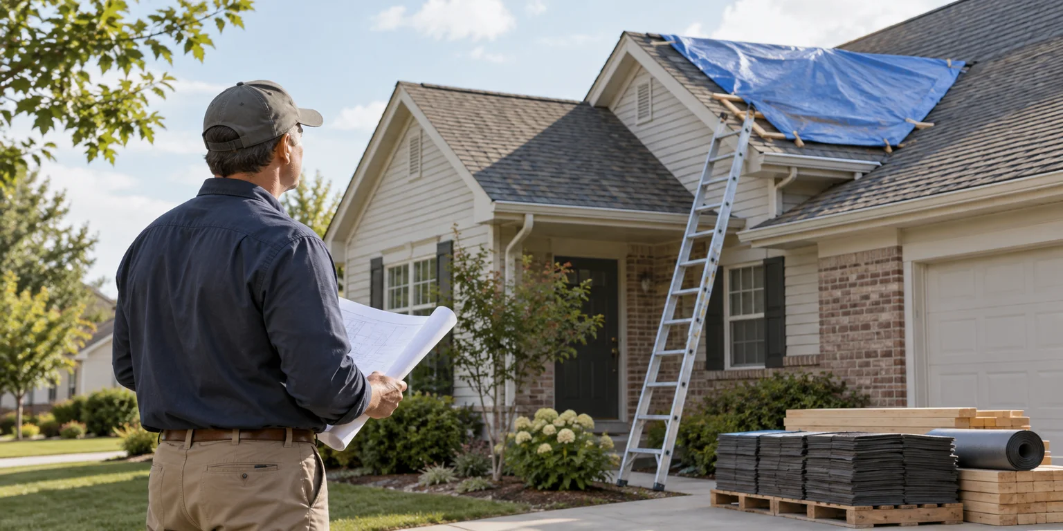 Illustration of a contractor reviewing a home’s tarp-covered roof section beside staged reconstruction materials.