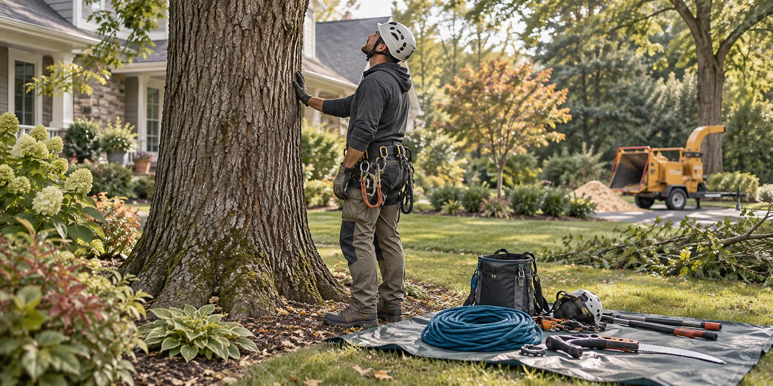 Illustration of an arborist inspecting a mature tree with climbing rope, pruning tools and a chipper nearby.