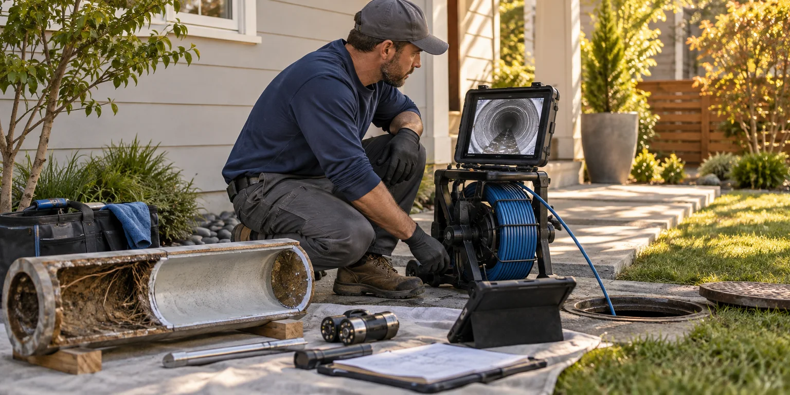 Illustration of a sewer camera assessment with inspection equipment and an underground pipe model.