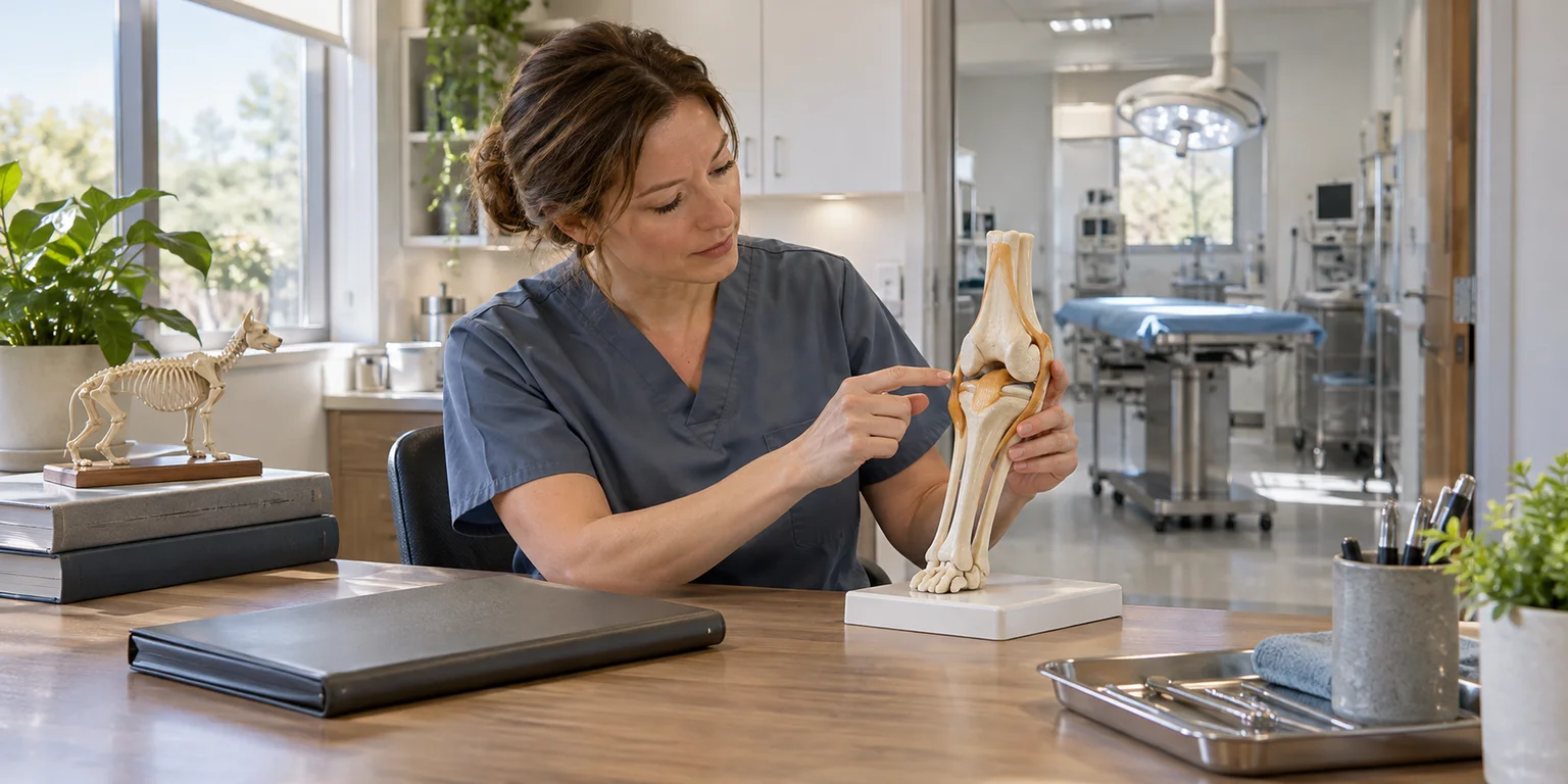Illustration of a veterinary specialist reviewing a limb joint model with a canine skeleton model nearby.