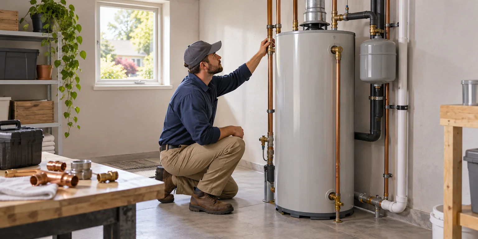 Illustration of an installer checking a water-heater installation beside plumbing fitting samples.