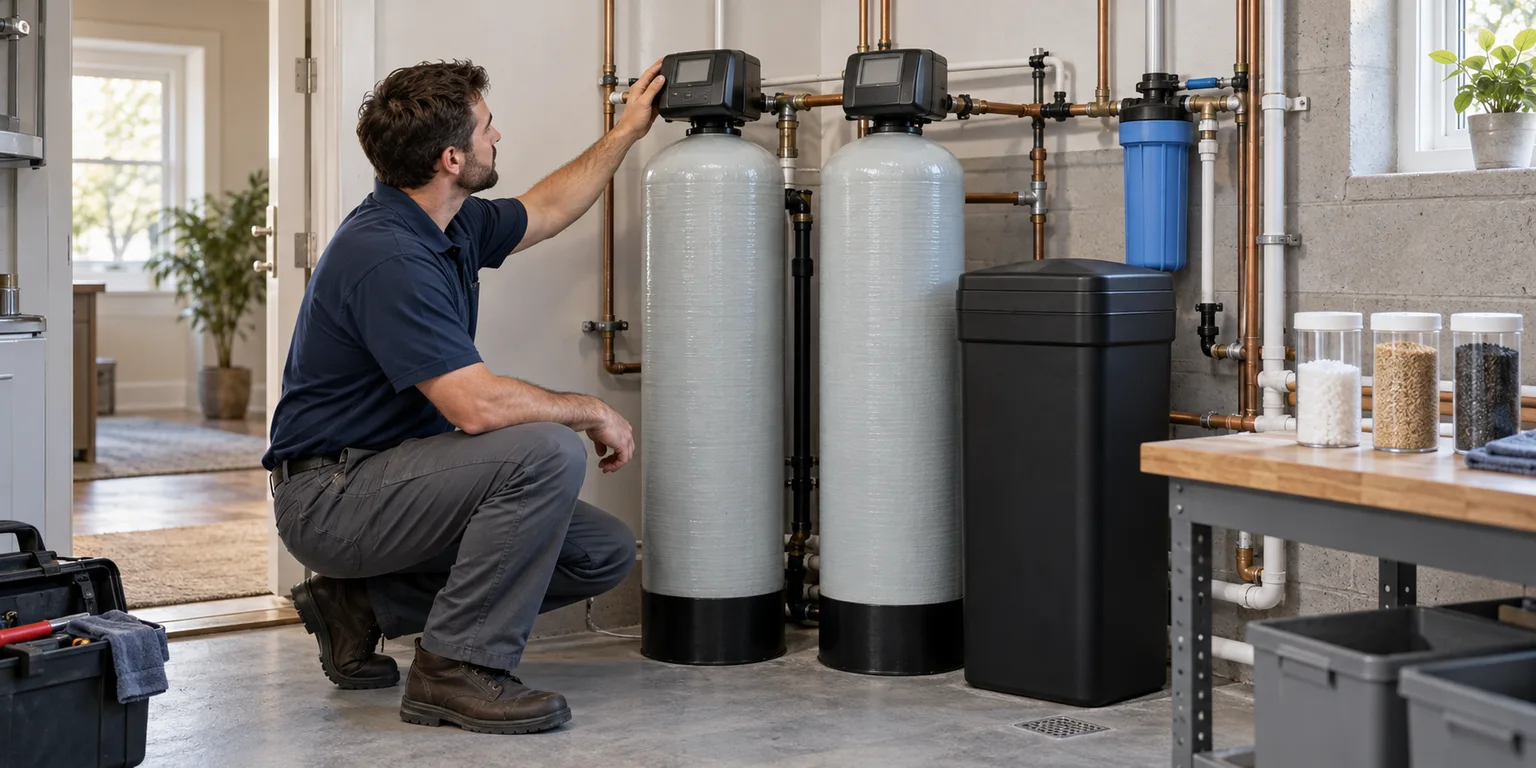 Illustration of a technician checking water-softening tanks and filtration equipment beside plain media samples.