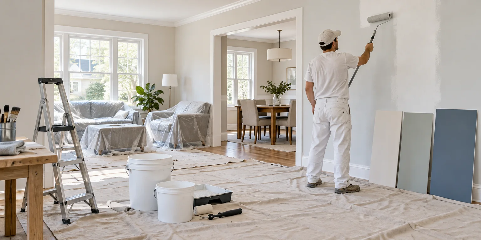 Illustration of a painter repainting a protected interior room beside neutral wall-color samples.