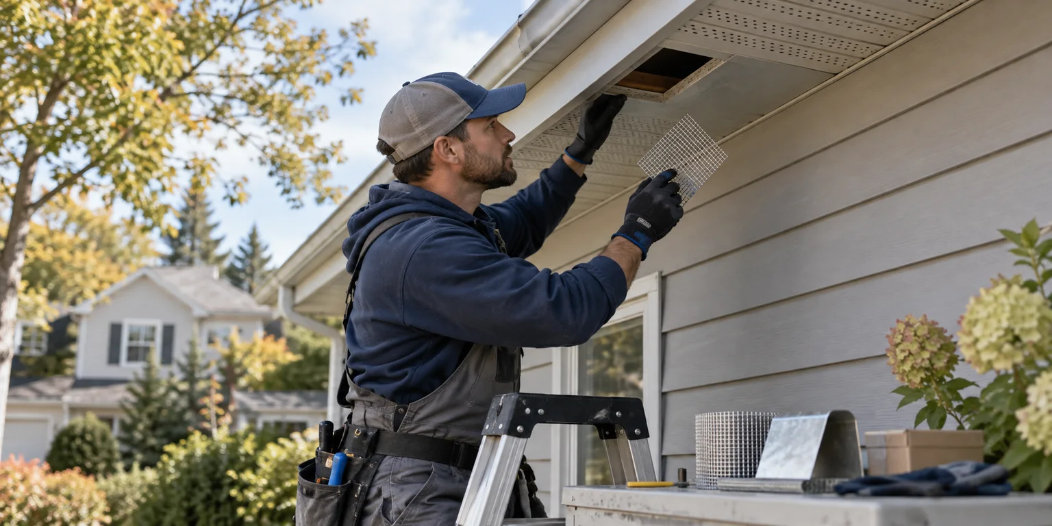 Illustration of a technician inspecting a roof-eave opening with exclusion mesh and repair materials.