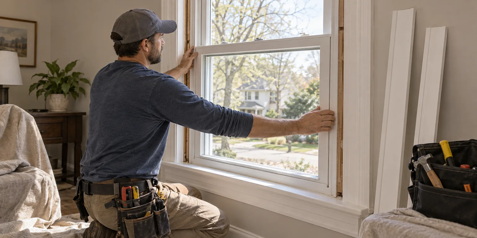 Illustration of a window installer fitting a double-hung replacement window with trim and tools nearby.